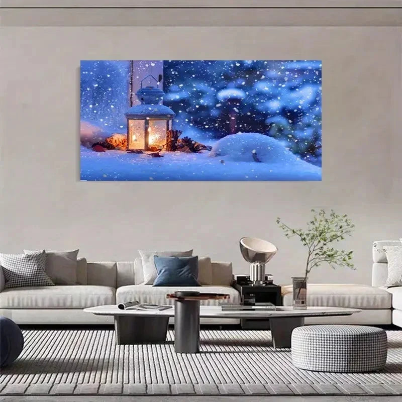 Snowfall & Candle Light Lantern Wall Art Canvas Office Home Room Framed 120x60cm