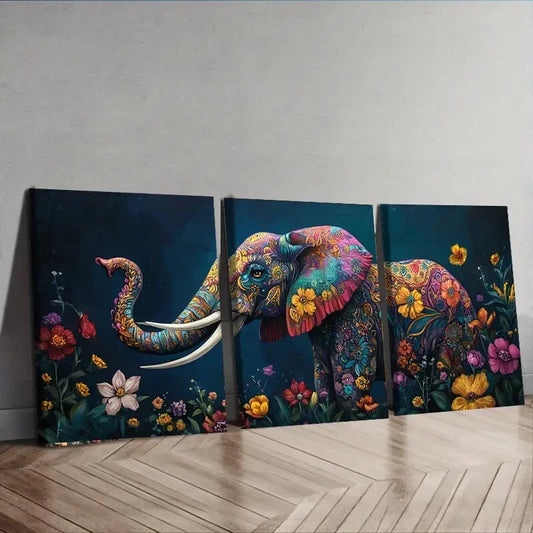 3pcs Vibrant Elephant Colorful Art Perfect Wall Art Set Canvas Framed 40x60cm - High Quality Print 100% Australian Made Wall Canvas Ready to Hang
