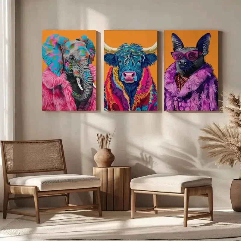 3pcs Colorful Animal Fashion Maximalist Metal Print Ready to Hang Art