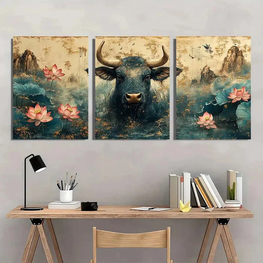 3pcs Cow Long Horns Animal Themed Florals Metal Print Ready to Hang Art
