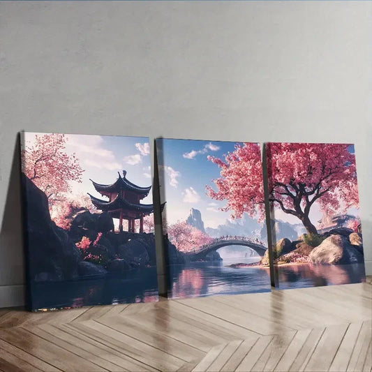 3pcs Cherry Blossom River Landscape Luxurious Wall Art Set Canvas Framed 40x60cm - High Quality Print 100% Australian Made Wall Canvas Ready to Hang