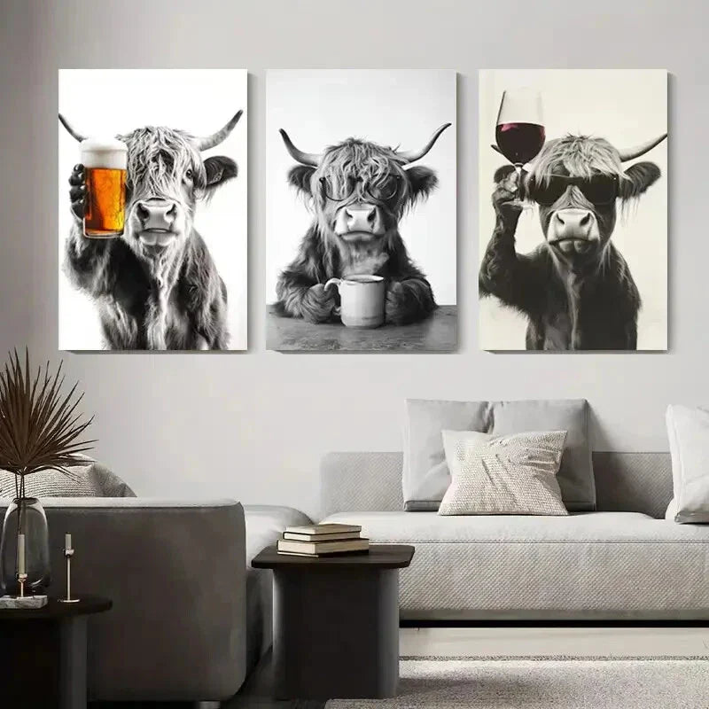 3pcs Black and White Highland Cow Cows with Drink Metal Print Ready to Hang Art