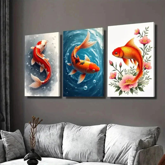3pcs Modern Koi Fish Orange & White Koi Wall Art Set Canvas Framed 40x60cm - High Quality Print 100% Australian Made Wall Canvas Ready to Hang