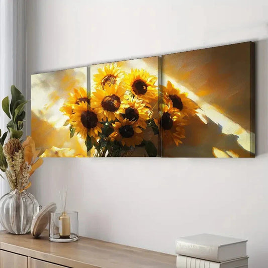 3pcs Sunflowers Floral Nature Waterproof Wall Art Set Canvas Framed 40x60cm - High Quality Print 100% Australian Made Wall Canvas Ready to Hang