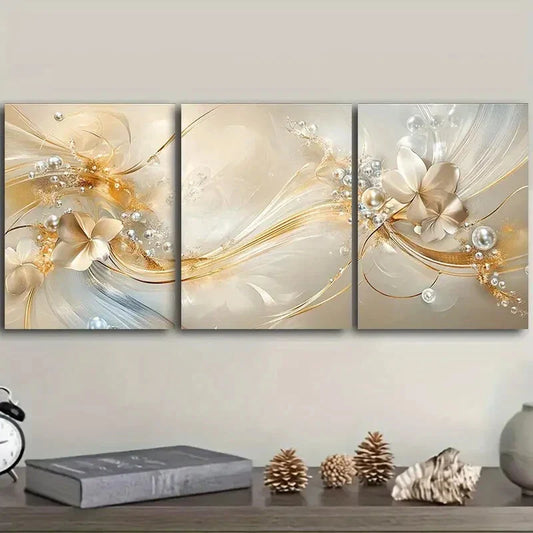 3pcs Golden and Beige Swirls Classic Style Metal Print Ready to Hang Art