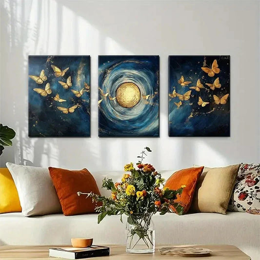 3pcs Golden Butterflies Swirling Décor Perfect Wall Art Set Canvas Framed 40x60cm - High Quality Print 100% Australian Made Wall Canvas Ready to Hang