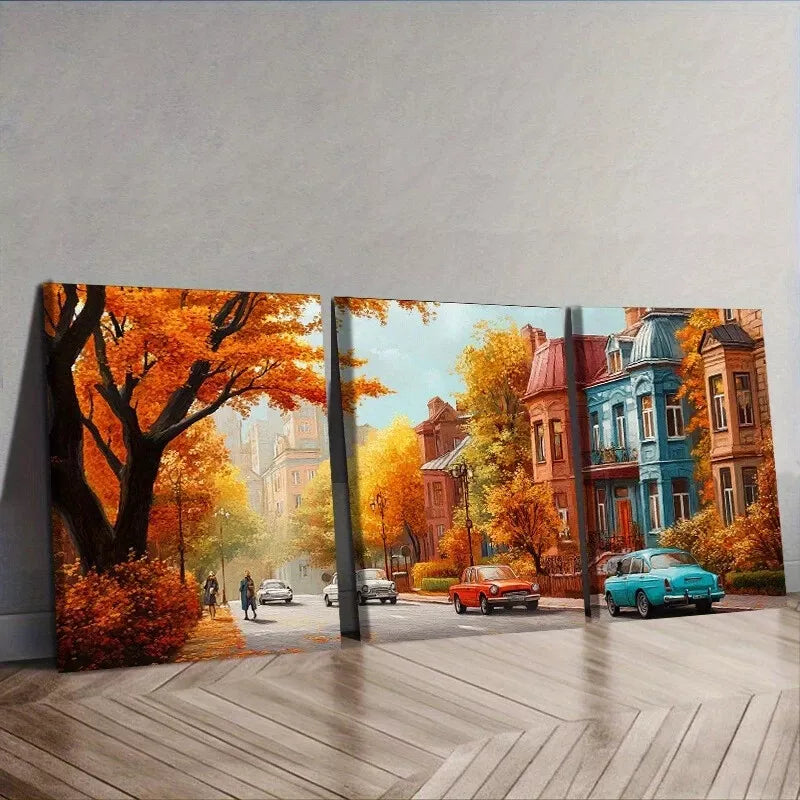 3pcs Apartment Buildings Autumn Season Wall Art Set Canvas Framed 40x60cm - High Quality Print 100% Australian Made Wall Canvas Ready to Hang