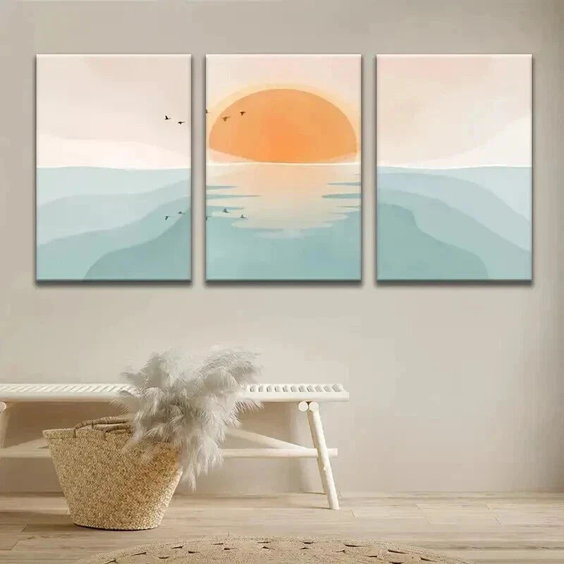 3pcs Sunset Ocean Waves with Birds Wall Art Set Canvas Framed 40x60cm - High Quality Print 100% Australian Made Wall Canvas Ready to Hang