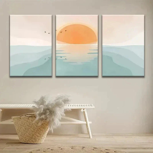 3pcs Sunset Ocean Waves with Birds Wall Art Set Canvas Framed 40x60cm - High Quality Print 100% Australian Made Wall Canvas Ready to Hang