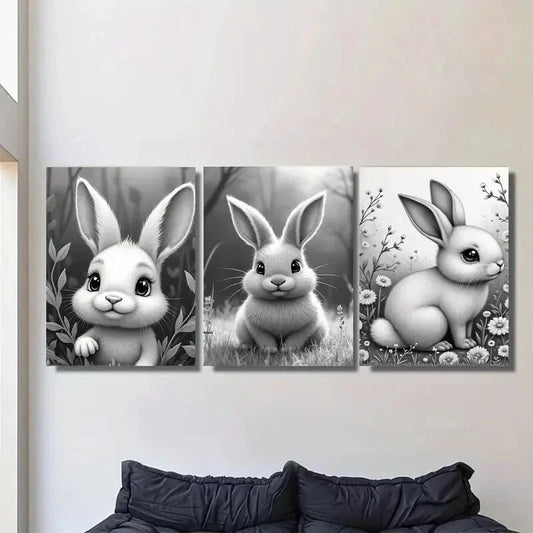 3pcs Black & White Rabbit Modern & Classic Style Metal Print Ready to Hang Art