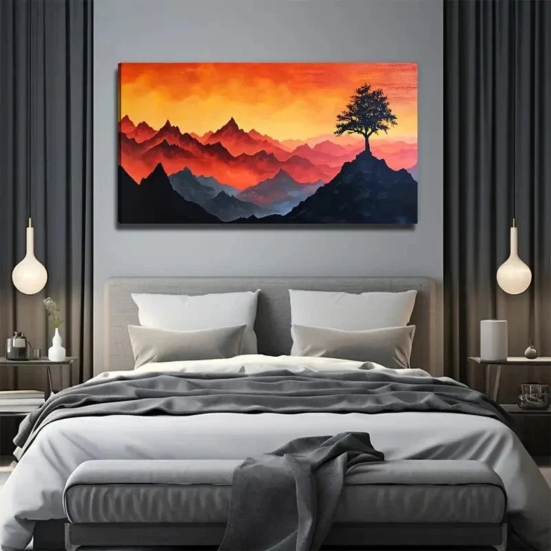 High Mountain Tree Suitable Wall Art Canvas Office Home Room Framed 120x60cm