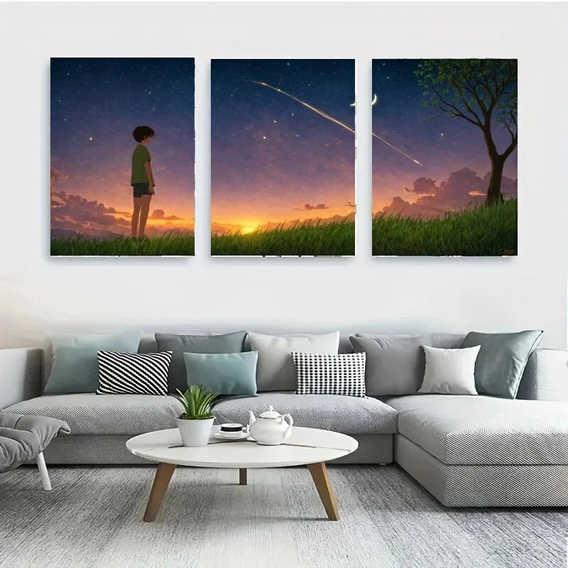 3pcs A Boy Standing on a Grassy Hill Metal Print Ready to Hang Art