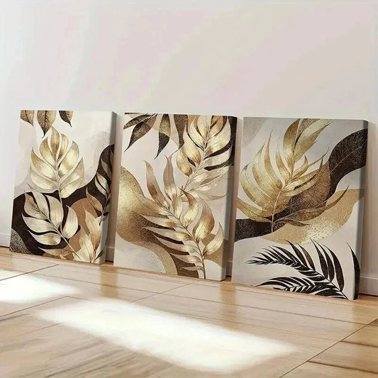 3pcs Golden Leaves with Abstract Patterns Wall Art Set Canvas Framed 40x60cm - High Quality Print 100% Australian Made Wall Canvas Ready to Hang