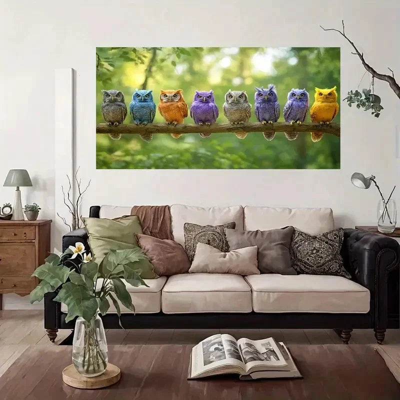 Colorful Owl Family On Branch Wall Art Canvas Office Home Room Framed 80x45cm