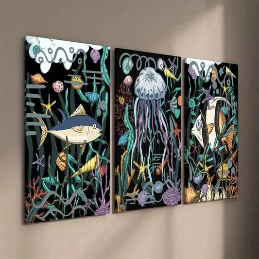 3pcs Cartoon Fish Jellyfish Shells And Corals Wall Art Set Canvas Framed 40x60cm - High Quality Print 100% Australian Made Wall Canvas Ready to Hang