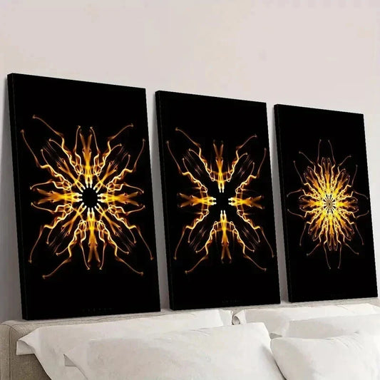 3pcs Abstract Psychedelic Golden Kaleidoscope Wall Art Set Canvas Framed 40x60cm - High Quality Print 100% Australian Made Wall Canvas Ready to Hang