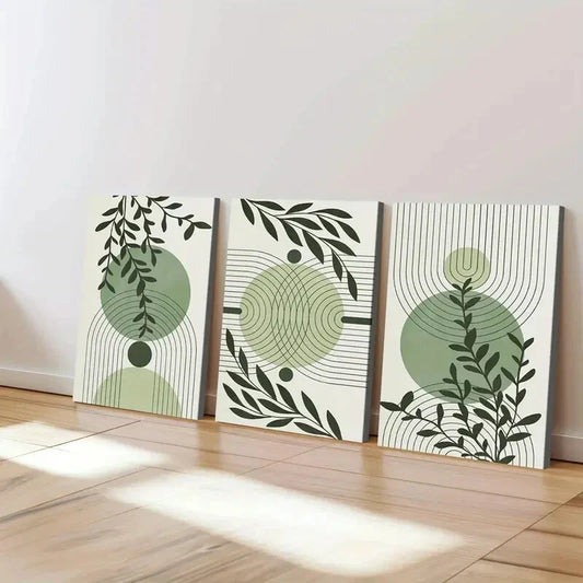 3pcs Abstract Mid Century Boho Geometric Leaves Wall Art Set Canvas Framed 40x60cm - High Quality Print 100% Australian Made Wall Canvas Ready to Hang