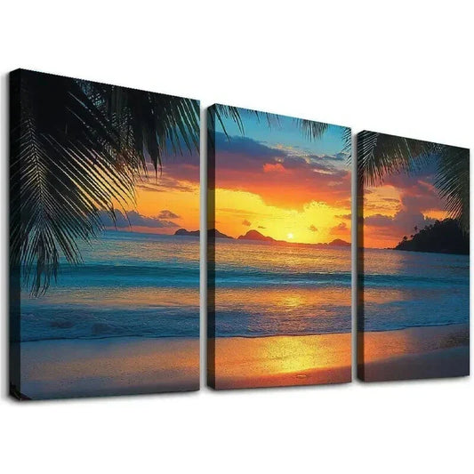 3pcs Coastal Palm Tree Beach Decor Theme Wall Art Set Canvas Framed 40x60cm - High Quality Print 100% Australian Made Wall Canvas Ready to Hang