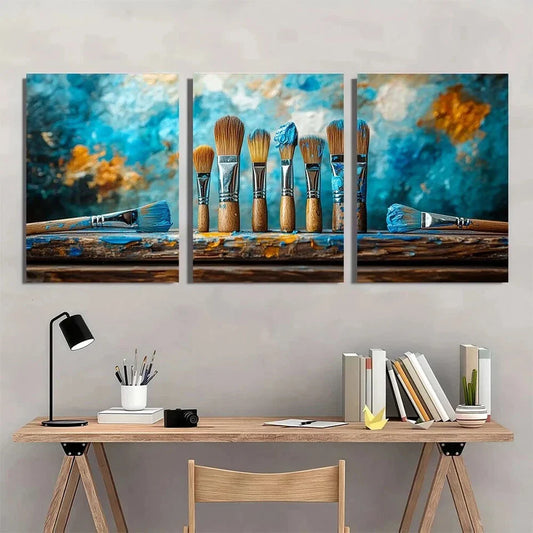 3pcs Vibrant Blue and Orange Paint Brushes Metal Print Ready to Hang Art