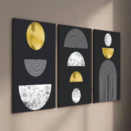 3pcs Black And Golden Geometric Wall Art Set Canvas Framed 40x60cm - High Quality Print 100% Australian Made Wall Canvas Ready to Hang