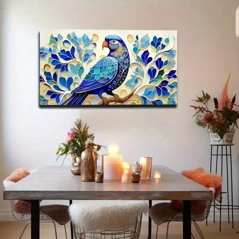 Vibrant Blue Peacock Wall Art Canvas Office Home Room Framed 80x45cm