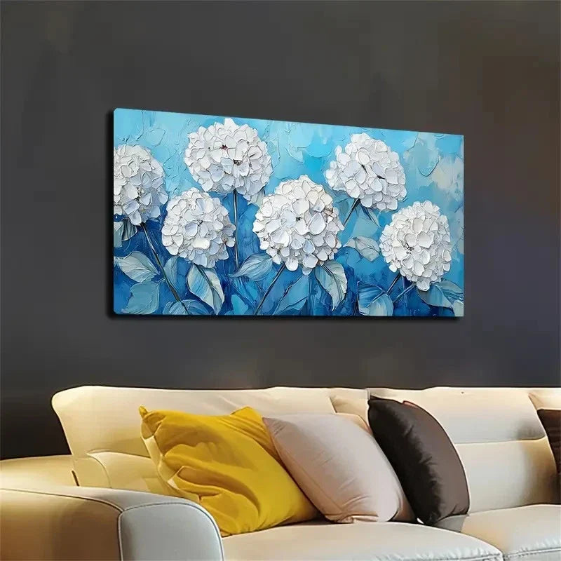 Blue Background & White Flower Wall Art canvas office home room framed 120x60cm