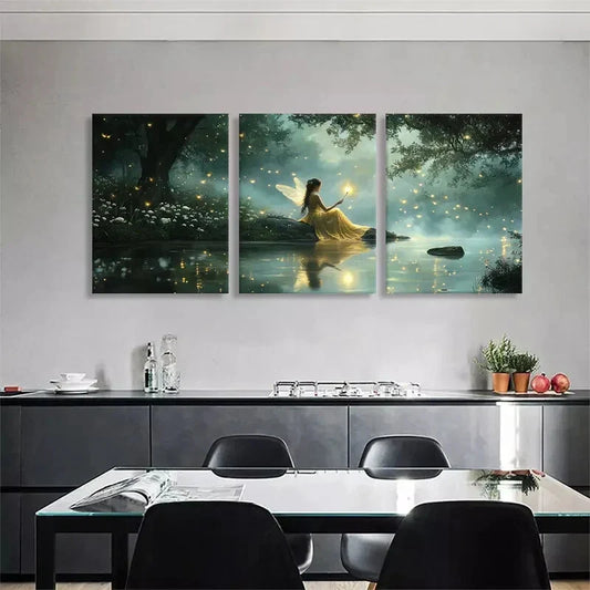 3pcs Fairy in Enchanted Forest Glowing Perfect Wall Art Set Canvas Framed 40x60cm - High Quality Print 100% Australian Made Wall Canvas Ready to Hang