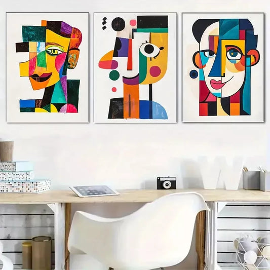 3pcs Vibrant Cubist-Style Face Triptych Wall Art Set Canvas Framed 40x60cm - High Quality Print 100% Australian Made Wall Canvas Ready to Hang