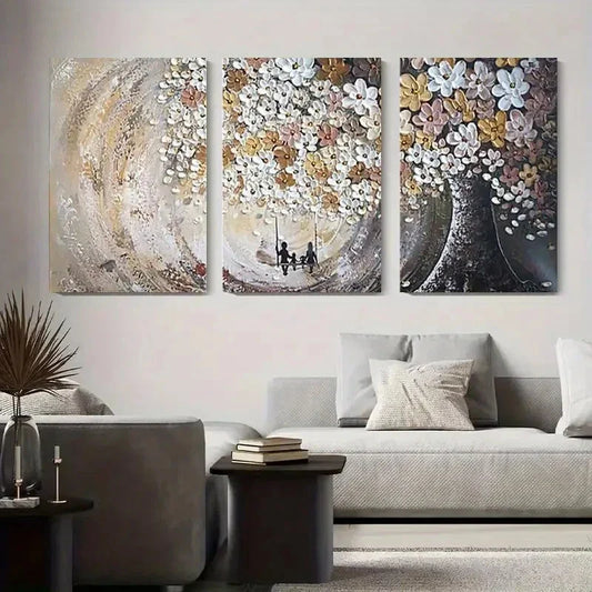 3pcs Abstract Floral Tree Golden & Silver Metal Print Ready to Hang Art