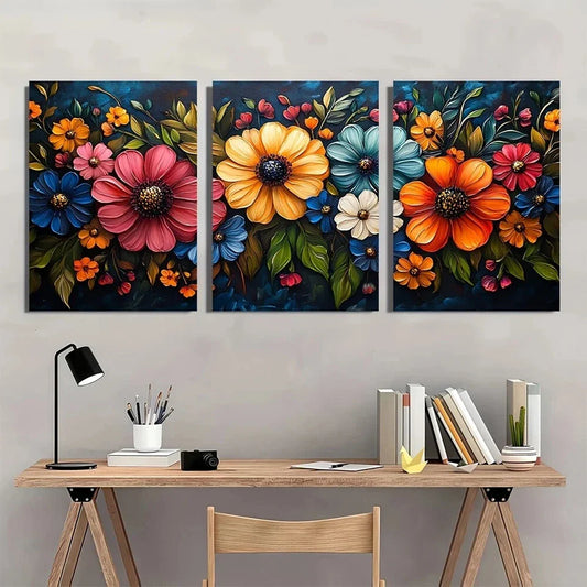 3pcs Vibrant Abstract Colorful Floral Leaves Metal Print Ready to Hang Art