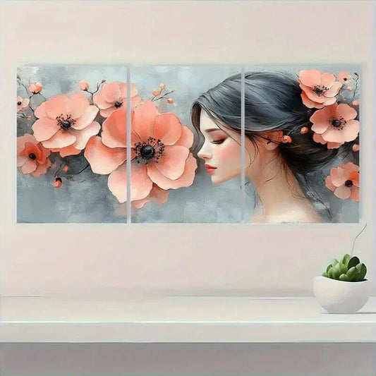 3pcs Elegant Watercolor Floral Light Pink & Gray Metal Print Ready to Hang Art