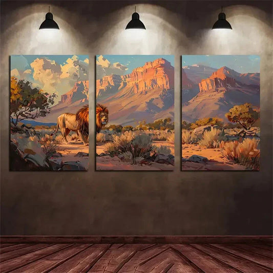 3pcs Lion Desert Walk Stone Mountain Blue Sky Metal Print Ready to Hang Art