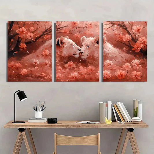 3pcs Wildlife Animal Red Themed Lions Metal Print Ready to Hang Art