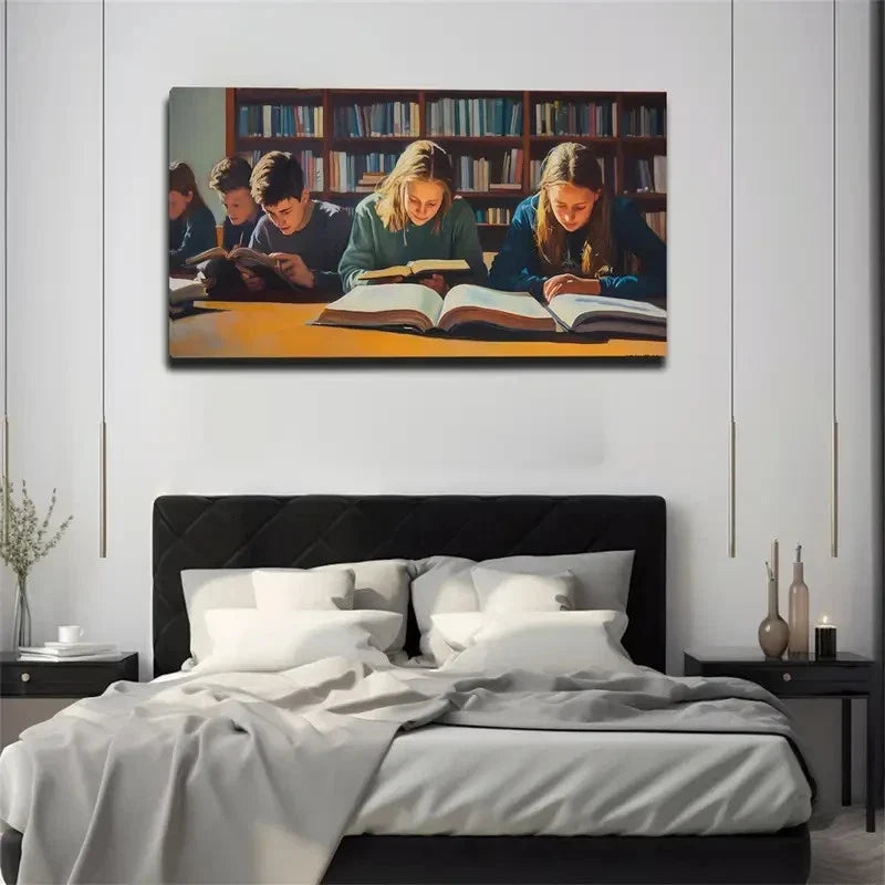 Library Scene With Students Wall Art Canvas Office Home Room Framed 80x45cm