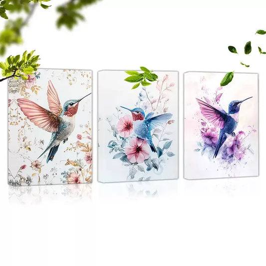 3pcs Colorful Plants And Hummingbird Flying Wall Art Set Canvas Framed 40x60cm - High Quality Print 100% Australian Made Wall Canvas Ready to Hang