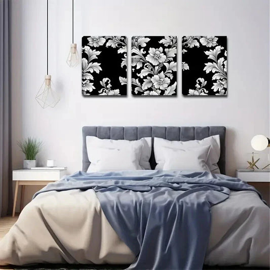3pcs Black & White Flower Design Wall Art Set Canvas Framed 40x60cm - High Quality Print 100% Australian Made Wall Canvas Ready to Hang
