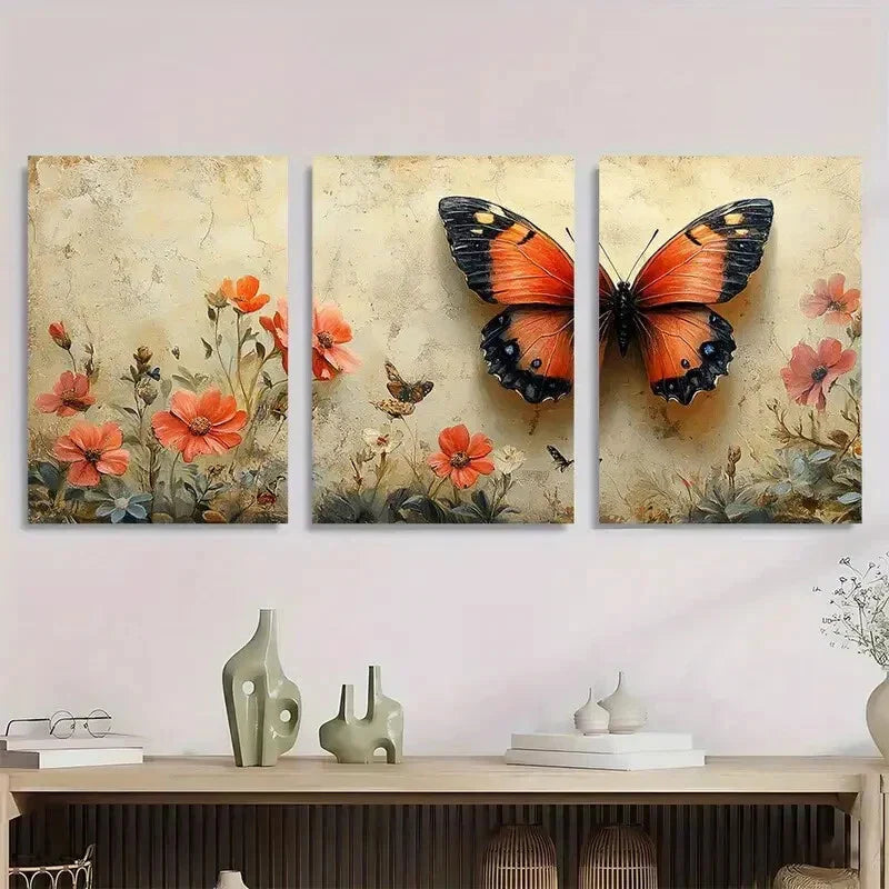 3pcs Vibrant Butterfly & Floral Metal Print Ready to Hang Art