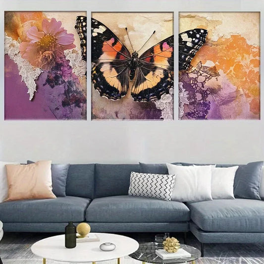 3pcs Rustic Floral Lace Vintage Butterfly Wall Art Set Canvas Framed 40x60cm - High Quality Print 100% Australian Made Wall Canvas Ready to Hang