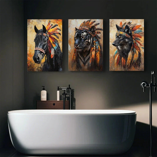 3pcs Fashionable Animal And Indian Headwear Metal Print Ready to Hang Art