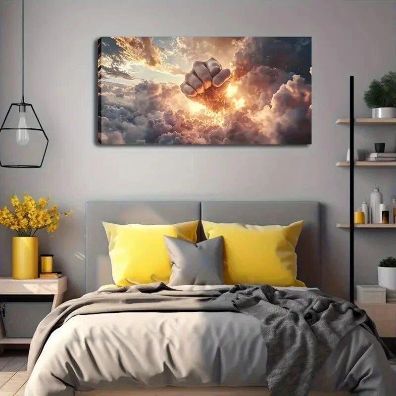 Fist Breaking Through Clouds Wall Art Canvas Office Home Room Framed 120x60cm