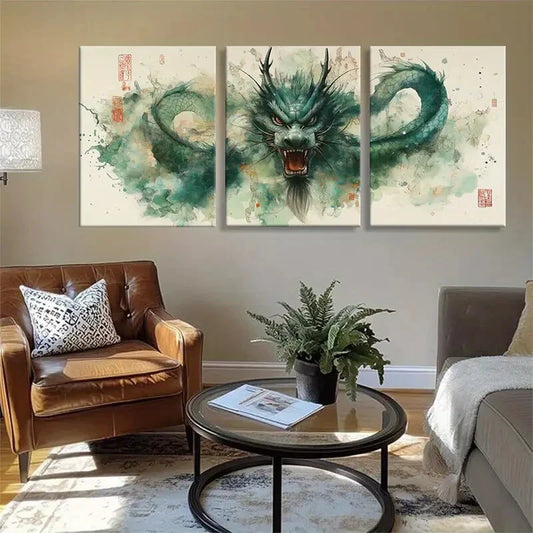3pcs Majestic Green Dragon with Flowing Perfect Wall Art Set Canvas Framed 40x60cm - High Quality Print 100% Australian Made Wall Canvas Ready to Hang