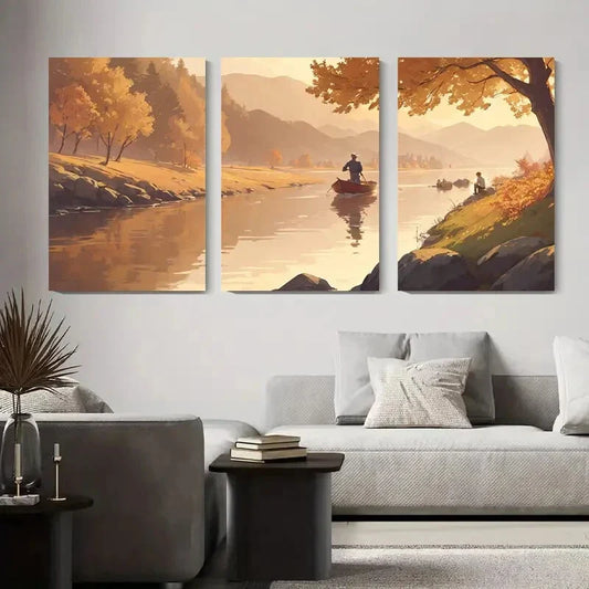 3pcs Tranquil Autumn River with Fishermen Metal Print Ready to Hang Art