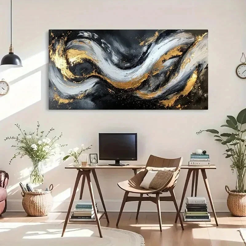 Dynamic Flow Abstract Metallic Wall Art Canvas Office Home Room Framed 80x45cm