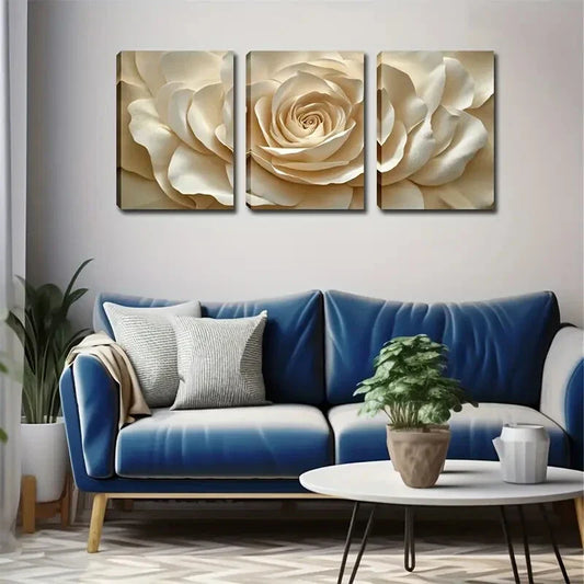 3pcs Flower Design in Beige & White Wall Art Set Canvas Framed 40x60cm - High Quality Print 100% Australian Made Wall Canvas Ready to Hang