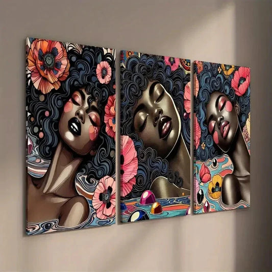 3pcs Vibrant Black Woman with Floral Headpieces Wall Art Set Canvas Framed 40x60cm - High Quality Print 100% Australian Made Wall Canvas Ready to Hang