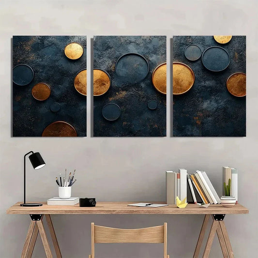 3pcs Abstract Metallic Circle Golden & Black Metal Print Ready to Hang Art