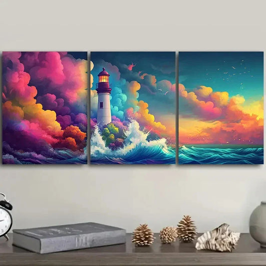 3pcs Lighthouse on the Sea Colorful Sky Perfect Wall Wall Art Set Canvas Framed 40x60cm - High Quality Print 100% Australian Made Wall Canvas Ready to Hang