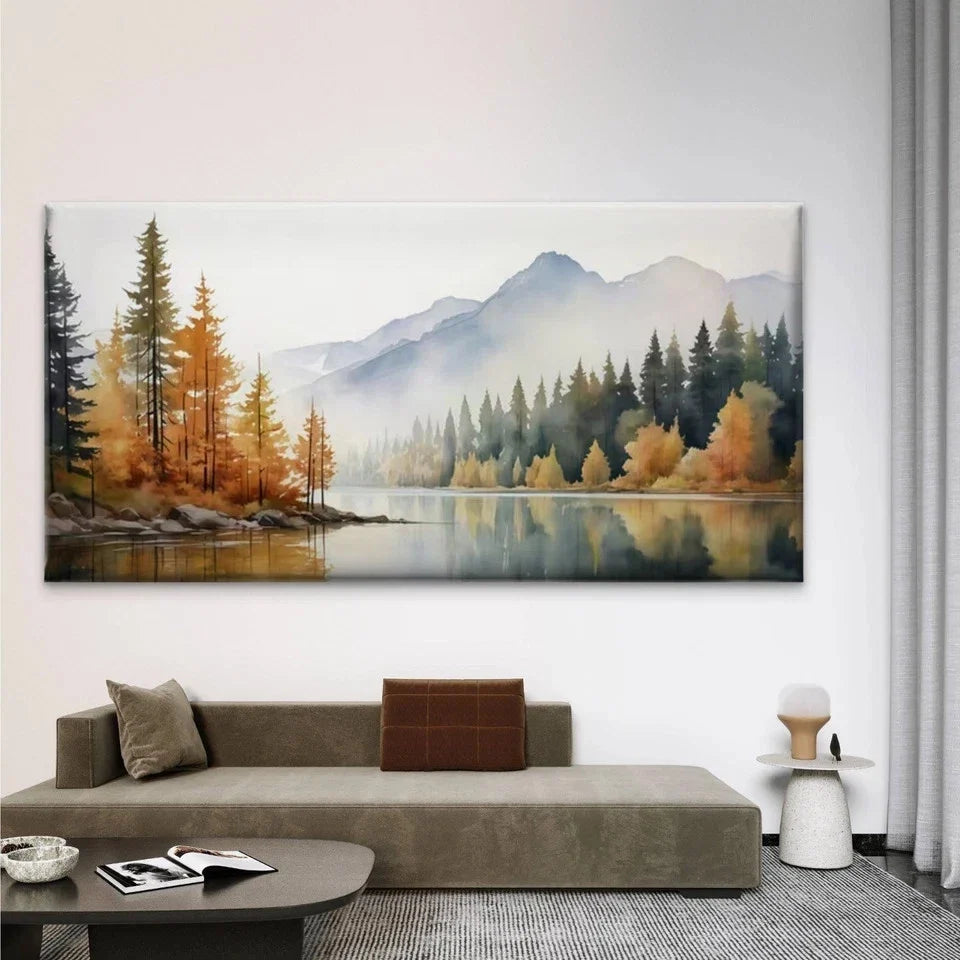 Autumn Mountain Lake Wall Art Canvas Office Home Room Framed 80x45cm