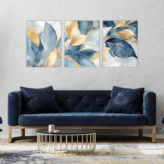 3pcs Blue and Golden Leaf Floral Metal Print Ready to Hang Art