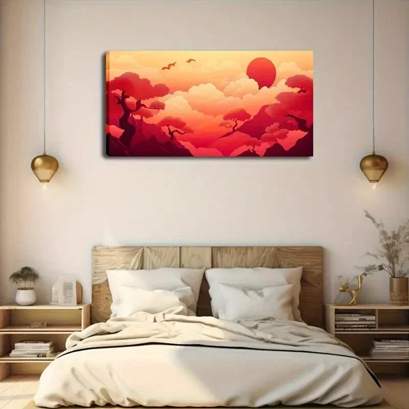 Red Clouds and Cherry Blossoms Wall Art Canvas Office Home Room Framed 80x45cm